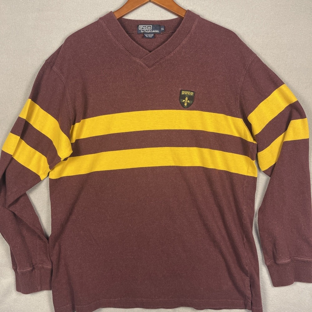 Polo Ralph Lauren Sweater Mens XL Wool Maroon Striped Embroidered Preppy Classic